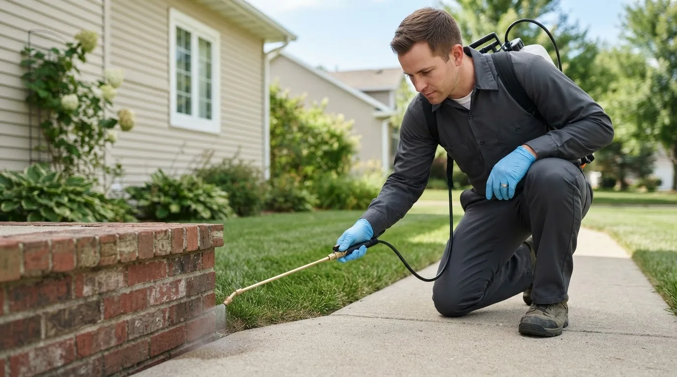 Pest control technician treating a home near Momence, IL
