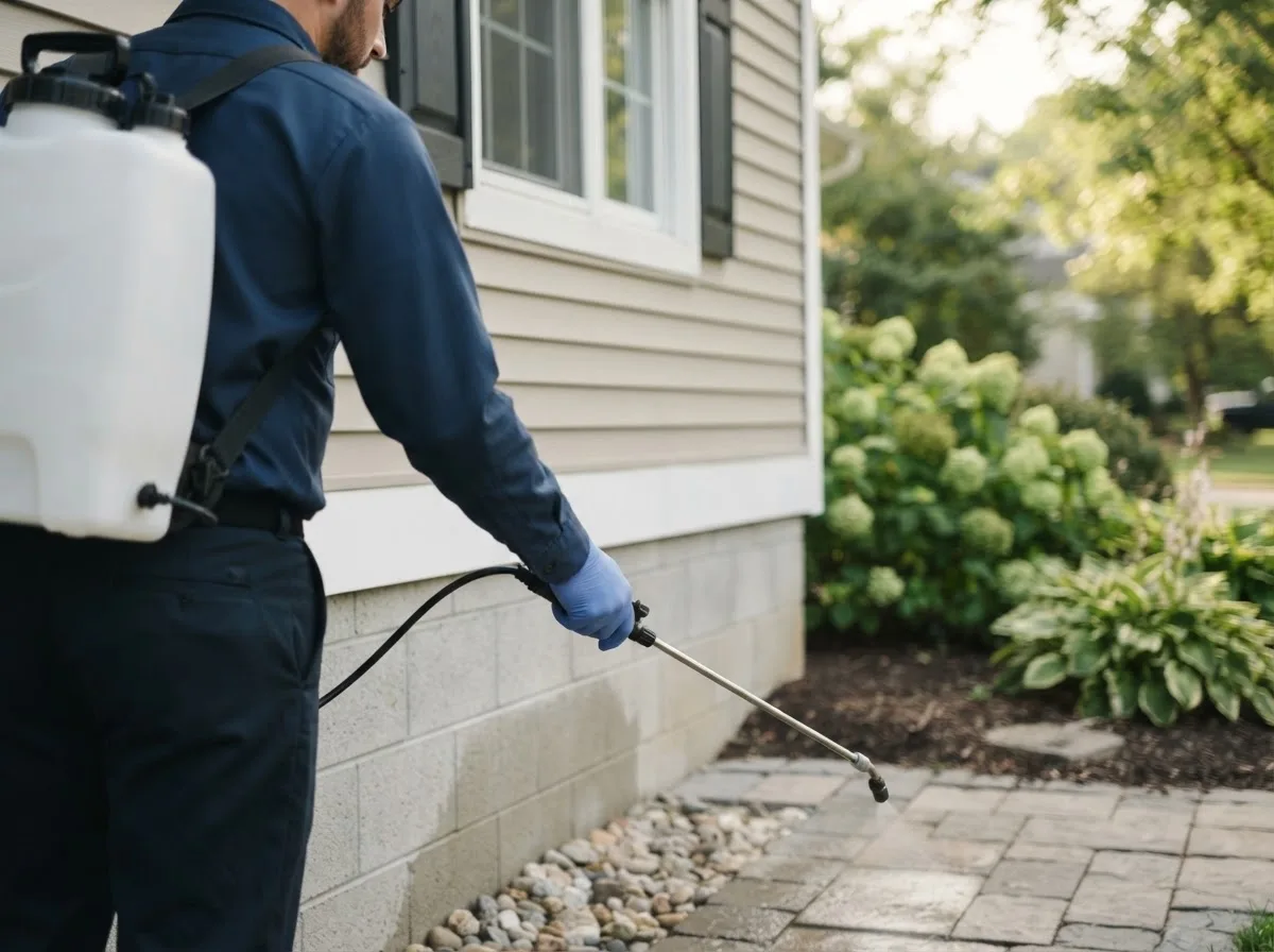 Pest control technician inspecting a home in Momence, IL